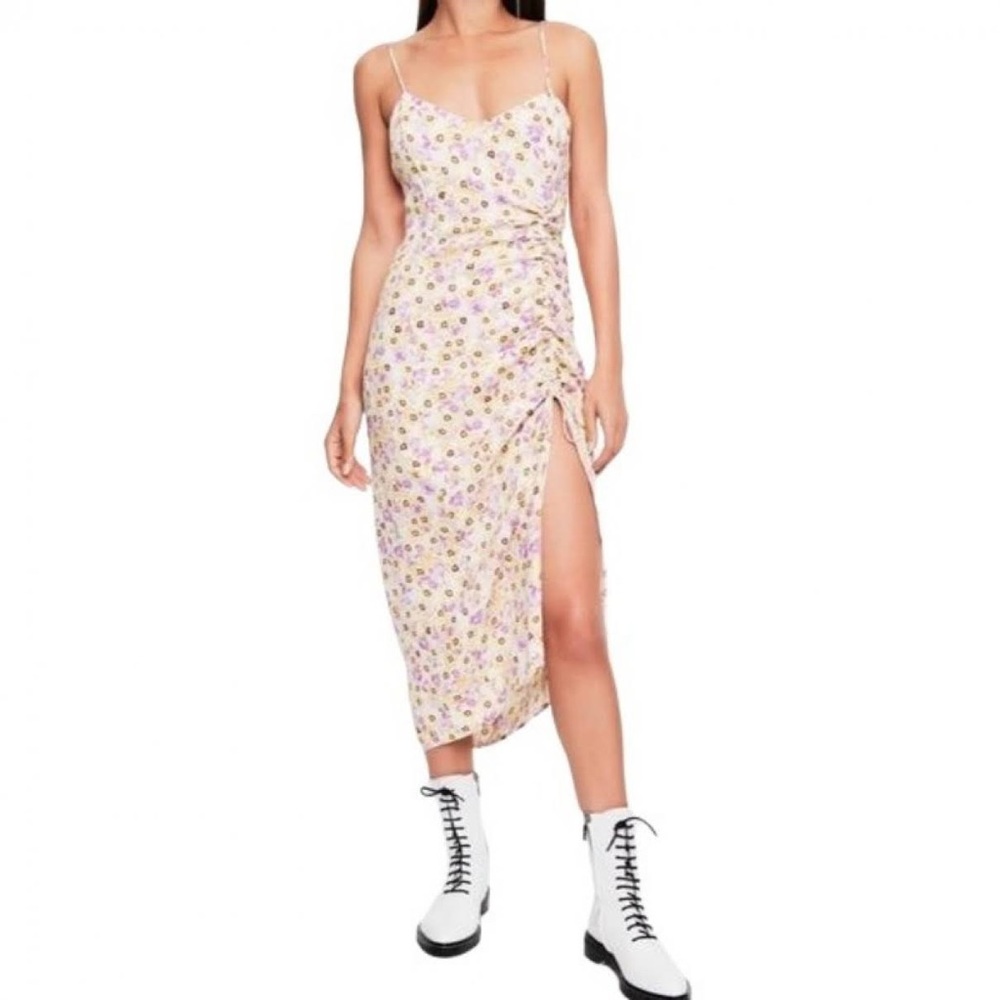 AFRM Favor Ruched Midi Dress, Yellow Garden, Large
